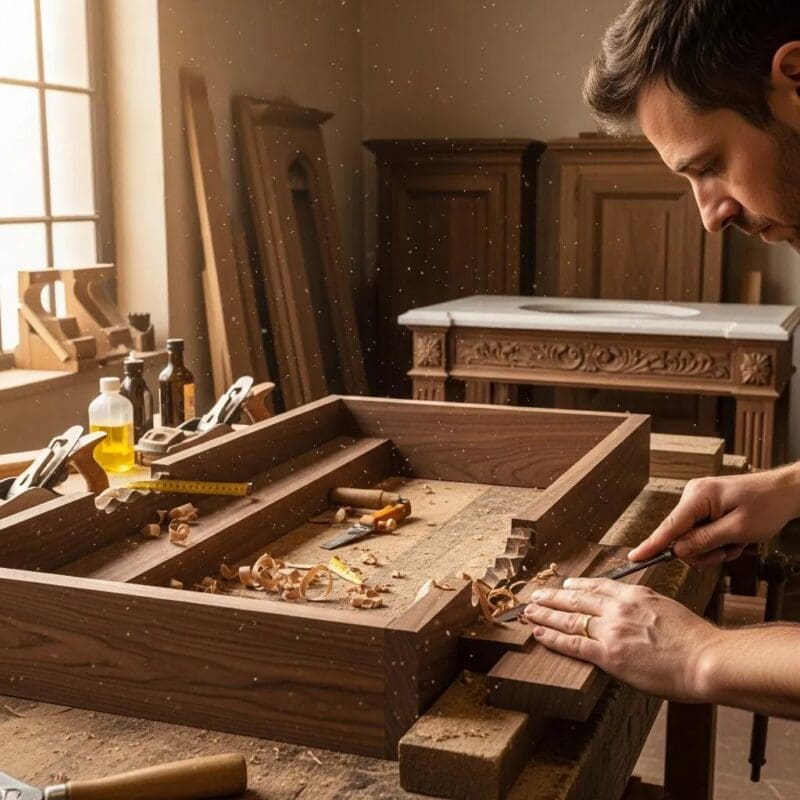 Artisan crafting a custom bathroom vanity with attention to detail
