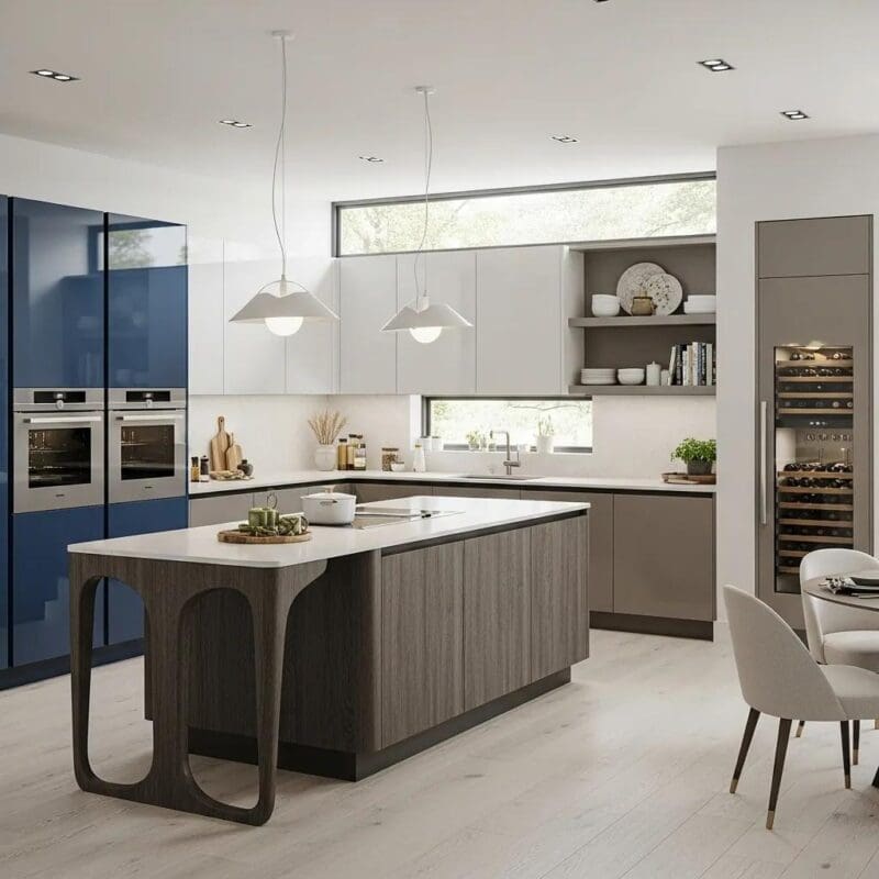 Custom kitchen with Pedini Dallas cabinets showcasing various finishes and styles