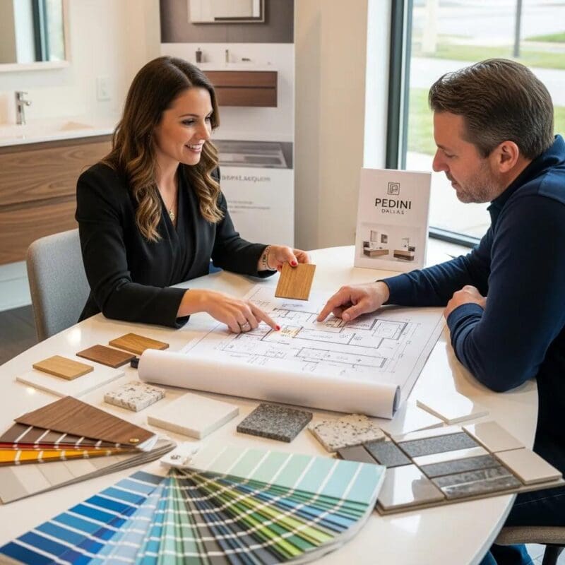 Designer consulting with a homeowner about custom bathroom vanity options